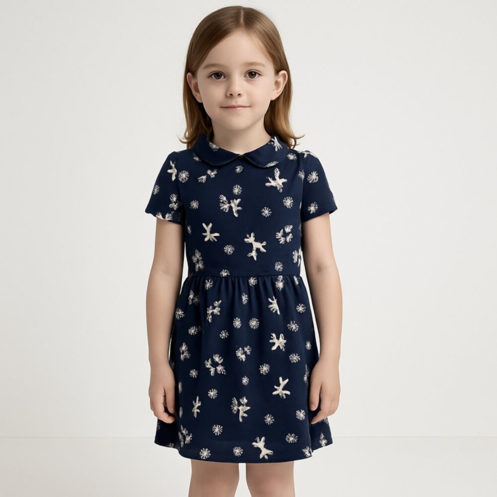 Agnès b. Enfant Girl Dress 4 Ans – Navy Floral Short Sleeve Viscose Stretch